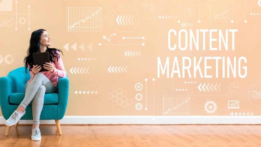 image of girl sitting on couch and thinking about content marketing light saffron background with forward signs pointing twords girl along with some charts that shows growth