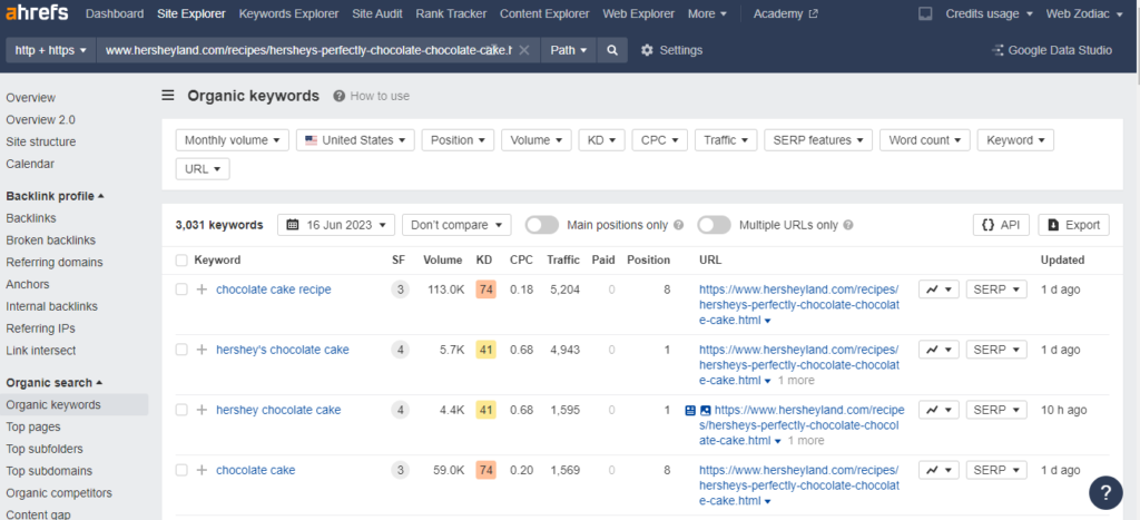 screenshot of ahrefs site explorer tool that helps to find keywords of a web page