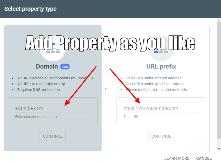 Screenshot 3: Google Search Console, How to enter property domain