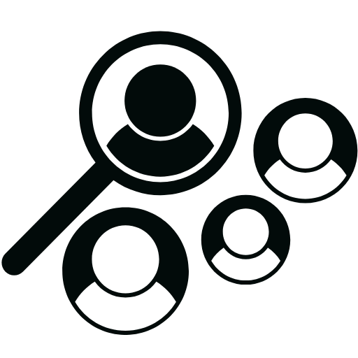 Icon of a magnifying glass over multiple people, symbolizing competitor analysis.