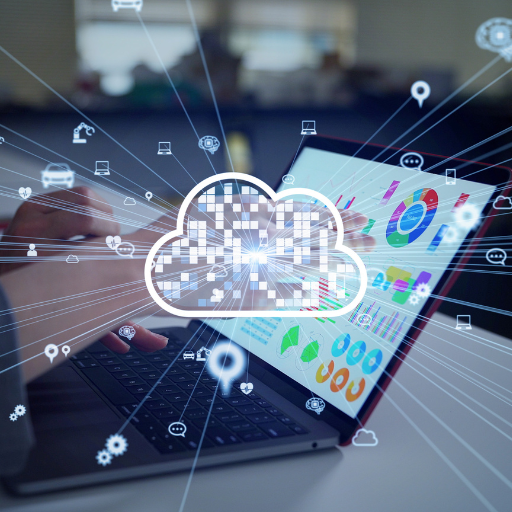 A laptop screen showing colorful charts with a cloud network icon overlay, symbolizing SaaS in the cloud.