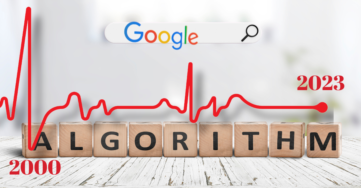 google algorithm updates, featured image, algorithm written on cubicles, grey, 1 letter each with a heart ecg timeline