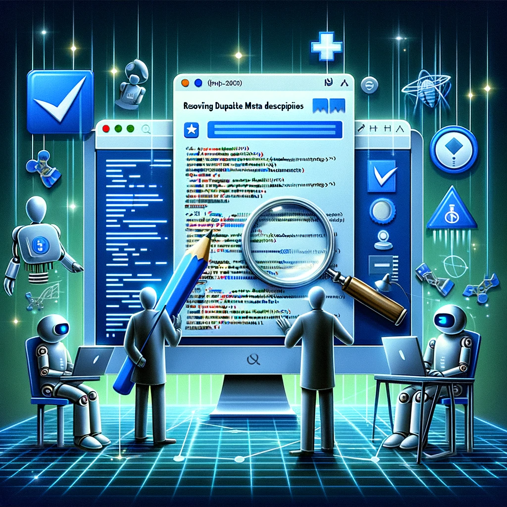 An image depicting a computer screen with highlighted HTML code and a figure with a magnifying glass examining duplicate meta descriptions.