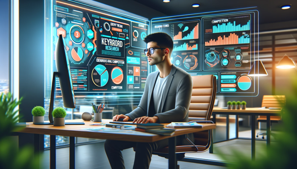 A visually engaging infographic focused on 'Keyword Research'. The image showcases a digital marketer at work in a contemporary office setting, examining data on a computer screen. The background features a large digital board with colorful sections depicting different steps of keyword research, such as identifying trends, analyzing competition, and selecting optimal keywords. The marketer, a young Hispanic male, is depicted in a thoughtful pose, highlighting the strategic process of keyword selection. The office has a stylish, tech-oriented decor.