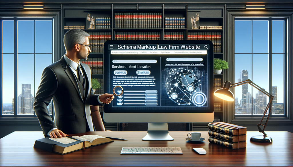 A digital illustration showing the concept of 'Schema Markup for Law Firm Website'. The image features a sophisticated and modern law office setting with a large computer screen displaying a website enhanced by schema markup. Visible on the screen are sections highlighting services, location, and client reviews coded with schema markup. A middle-aged Caucasian man, dressed as a lawyer, is examining the screen, illustrating the process of implementing schema markup. The office has a stylish, professional decor with legal books and a city view through a large window.
