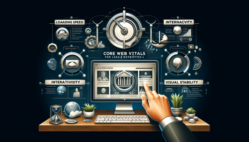 An infographic illustrating 'Core Web Vitals for Legal Websites'. The infographic is detailed and informative, displaying three key areas: Loading Speed, Interactivity, and Visual Stability. Each section includes an icon symbolizing the metric (a speedometer for Loading Speed, a hand touching a responsive screen for Interactivity, and a stable platform for Visual Stability). The infographic is set against a backdrop of a sleek, digitalized law office, with a computer showing a lawyer firm's website on the screen. This visualization communicates the importance of these web vitals in enhancing a lawyer firm's online presence.