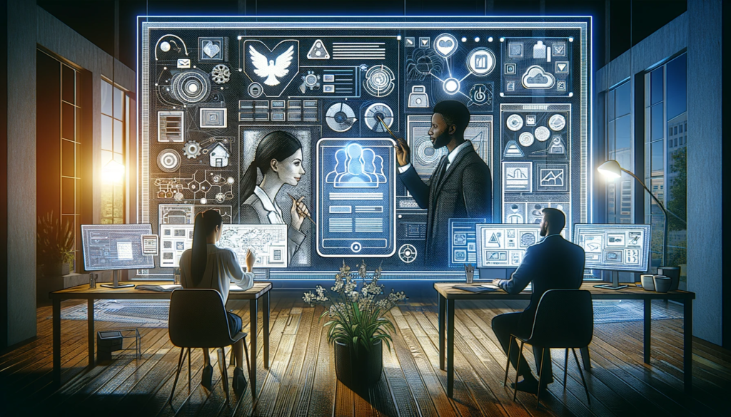 A detailed digital illustration showcasing the concept of User Experience (UX) for a website. The image features a modern office environment where a team of UX designers (one Caucasian woman, one African man) are interacting over a digital interface display. The display highlights key aspects of UX design such as usability, accessibility, and user satisfaction. Around them are various digital devices showing wireframes and user feedback. The scene captures a collaborative and creative atmosphere, emphasizing the importance of understanding user needs in UX design.