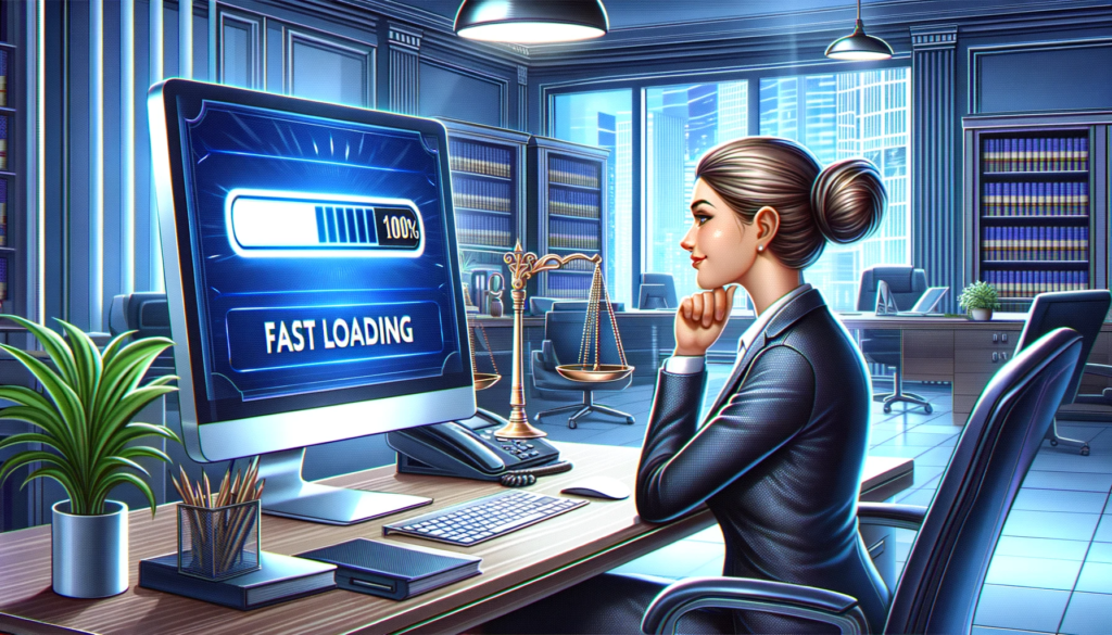 An engaging illustration depicting the concept of a fast-loading website for law firm website. The scene shows a modern, well-lit law office with a large monitor displaying a high-speed loading bar at 100% completion. A young, Caucasian female lawyer looks satisfied as she observes the fast loading of her firm’s website, symbolizing efficient digital operations. The office environment is sleek, with minimalistic furniture and high-tech gadgets, emphasizing the firm’s commitment to modern technology and client satisfaction. The overall ambiance conveys professionalism and advanced technical prowess.