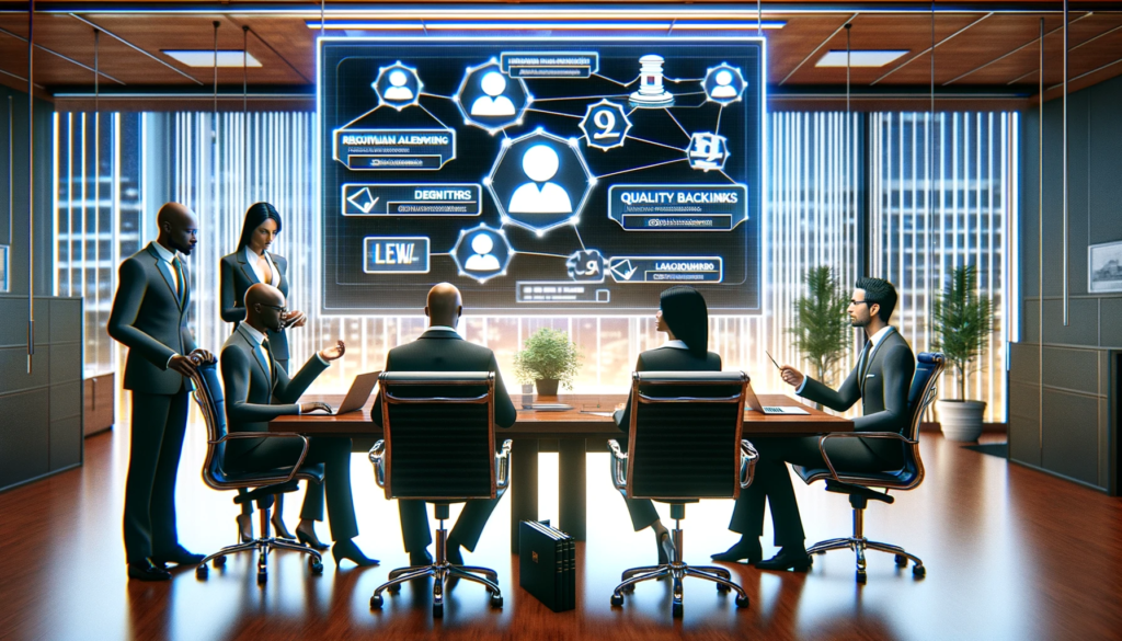 A professional illustration of a law firm team collaborating on building quality backlinks for SEO. The scene depicts a modern law office with three lawyers (one African American male, one Caucasian female, one Hispanic male) gathered around a large table, discussing SEO strategies. They are examining a large digital screen displaying various reputable legal websites and directories, each connected by digital lines symbolizing backlinks. The office environment is sleek and high-tech, emphasizing a focus on digital marketing and strategic planning.