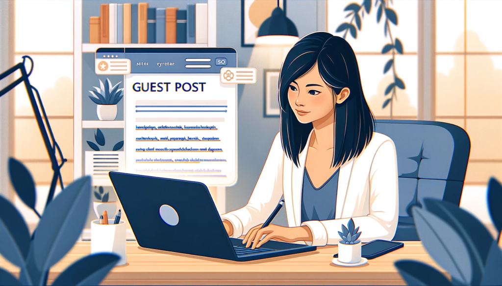 An illustration of a professional writing a guest post for a website. The image features a young Asian female writer in a modern, bright office space, focused on her laptop. The screen displays an article in progress, with keywords highlighted and SEO optimization tools visible on the interface. The office has a stylish, minimalist design with plants and books, emphasizing a productive and creative atmosphere. This scene illustrates the process of guest posting and the strategic use of keywords and SEO to enhance website visibility.