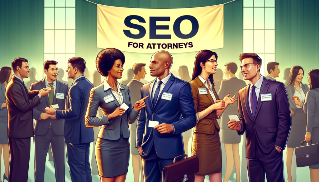 A dynamic illustration depicting a professional networking scenario. The scene shows a diverse group of individuals (one Caucasian male, one African female, one Hispanic male) in a business setting, engaging in conversation. They are at a networking event with name tags, holding business cards and interacting. The background features a banner with 'SEO for Attorneys' highlighting the specific niche focus. The atmosphere is energetic and professional, emphasizing the importance of networking and asking your network for referrals to expand business opportunities.