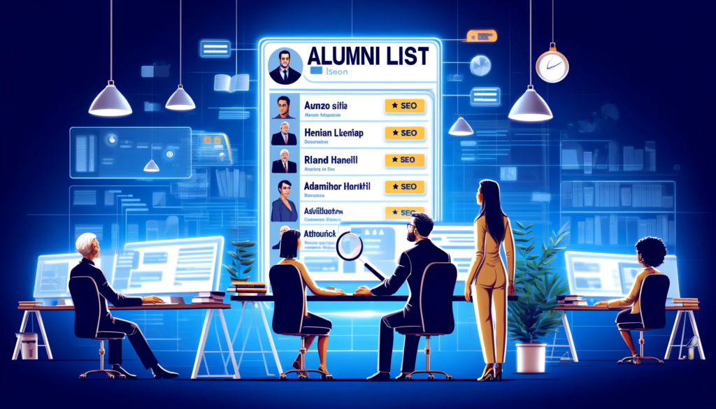 An illustration of an educational institution using an alumni list for SEO purposes. The scene features a diverse group of professionals (one Caucasian woman, one African man) working in a modern office filled with digital screens and educational paraphernalia. They are examining a digital alumni list on a large monitor, showing profiles of successful alumni highlighted with keywords like 'legal SEO' and 'attorney search optimization'. The office is vibrant and tech-oriented, symbolizing the strategic use of alumni achievements to boost the institution’s online visibility and credibility.