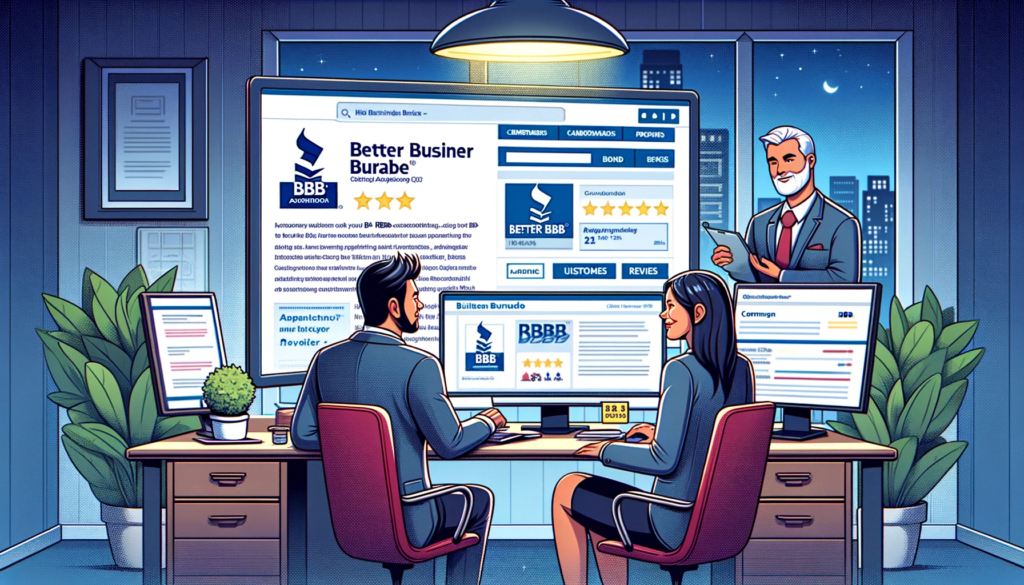 An illustrative depiction of a business leveraging the Better Business Bureau (BBB) for increased trust and visibility. The scene shows a professional business setting with a diverse team (one Asian male, one Caucasian female) discussing their BBB accreditation displayed on a computer screen. The screen shows a detailed BBB profile with the BBB logo, customer reviews, and key business information. The office is modern and well-equipped, symbolizing a company committed to ethical practices and customer satisfaction. This illustration highlights how businesses use BBB resources to enhance their credibility and online presence.
