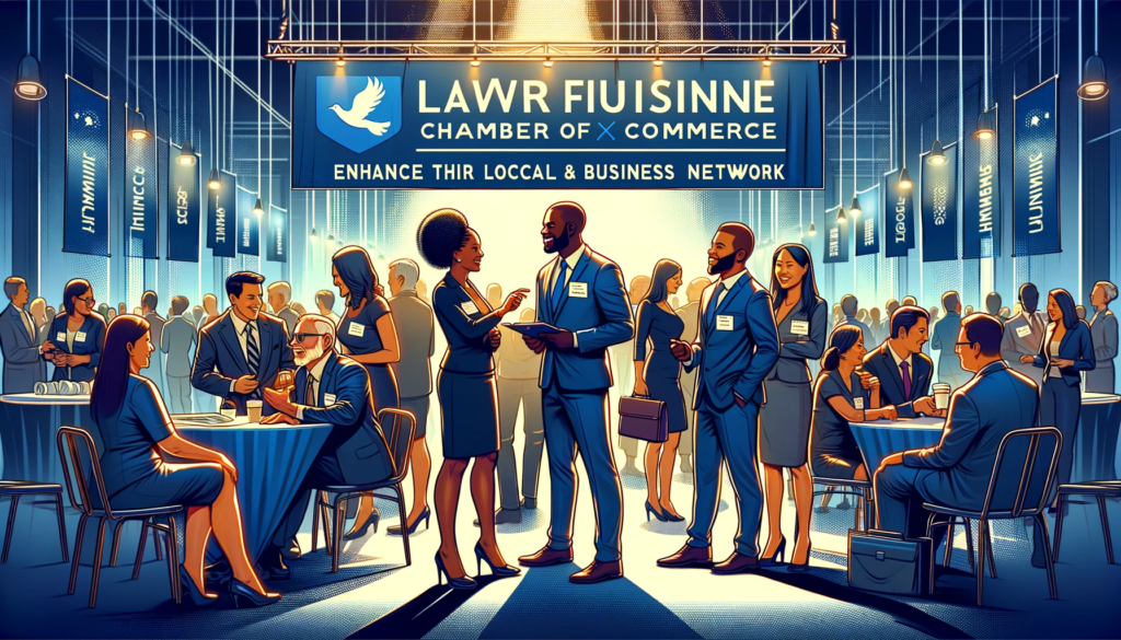 A dynamic illustration of a law firm engaging with the Chamber of Commerce to enhance their local business network. The scene is set in a bustling Chamber of Commerce event, with a group of professionals (one African American man, one Hispanic woman) interacting with local business owners. They are surrounded by Chamber of Commerce banners and informational booths, highlighting the organization's role in promoting local businesses. The atmosphere is lively and professional, showcasing the networking and advocacy opportunities provided by the Chamber of Commerce to support businesses.