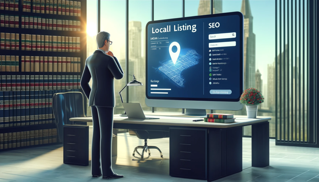 An illustration depicting the significance of local listing for a lawyer firm's SEO strategy. The scene shows a middle-aged Caucasian male lawyer reviewing his local SEO performance on a large monitor in a sleek, modern office. The screen displays a map pinpointing the firm's location, with keywords and rankings visible. The office is well-appointed, with legal books and a cityscape view through large windows, symbolizing a professional setting focused on digital marketing and local client outreach.