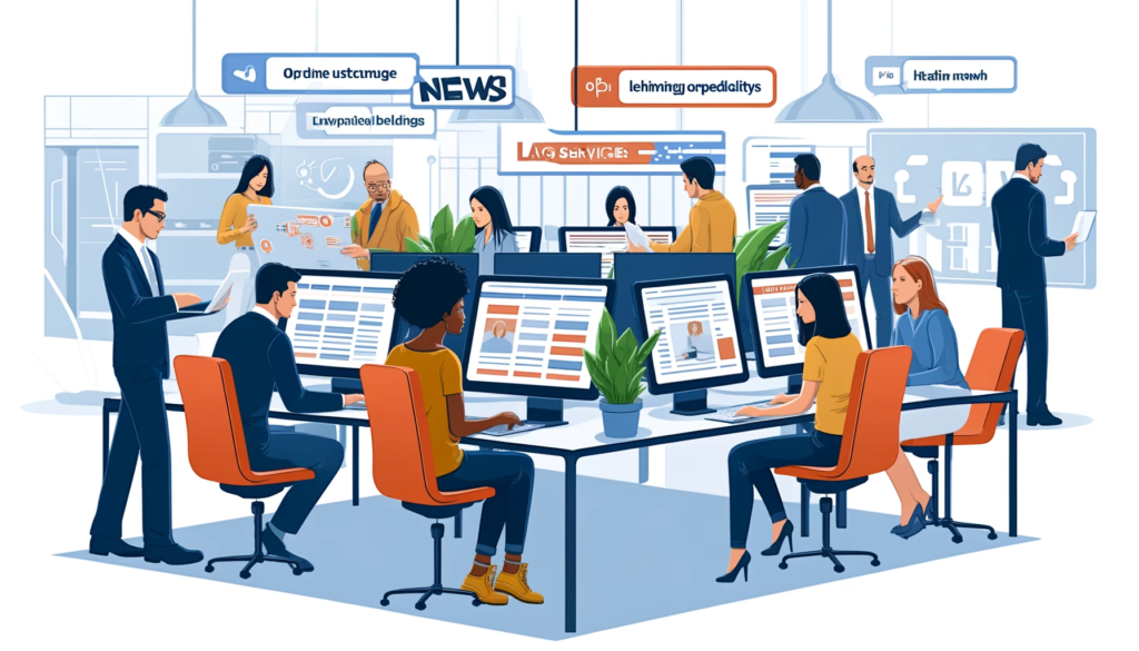 An illustration showcasing a team working on a local news website in a digital newsroom setting. The scene includes a diverse group of journalists (one Caucasian woman, one African American man) collaborating on computers. They are optimizing site structure, engaging in link building, and incorporating law expertise into their news platform. Around them, screens display various news categories and legal resources, demonstrating their focus on enhancing user experience and establishing credibility. The newsroom is modern and lively, symbolizing the dynamic nature of digital journalism.