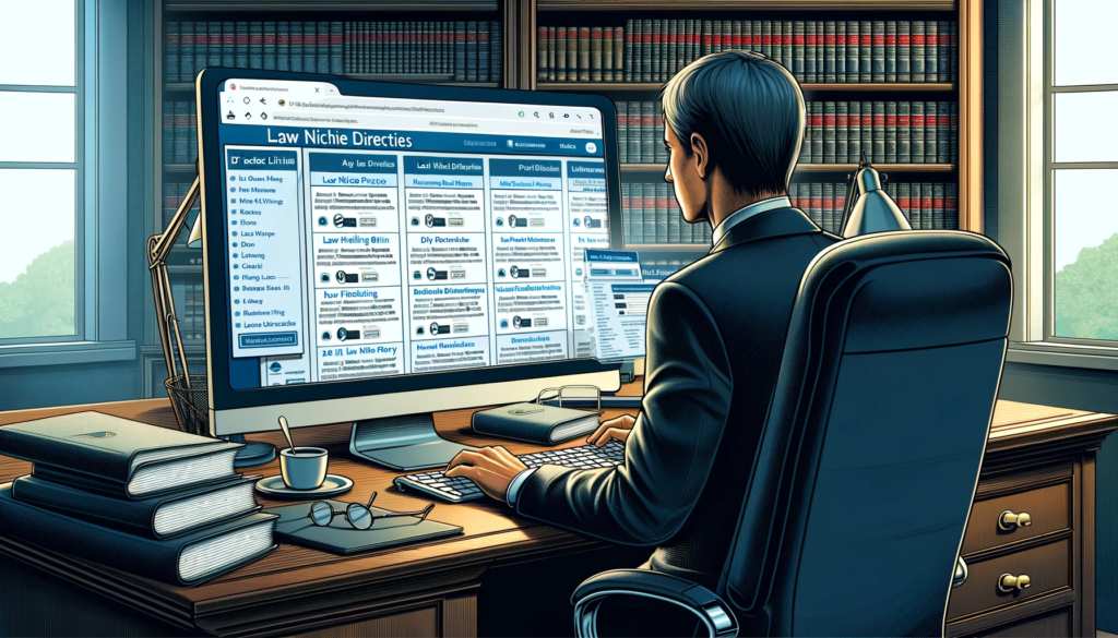 A digital illustration depicting a lawyer firm's integration into law niche directories. The scene shows a middle-aged Caucasian male lawyer at his desk, working on a computer with multiple directory listings open on the screen. These directories display the lawyer firm’s profile with key information and backlinks. The office is traditional yet equipped with modern technology, reflecting a blend of classic law practice and modern digital marketing strategies. This setting emphasizes the importance of law niche directories in enhancing online presence and visibility for law firms.