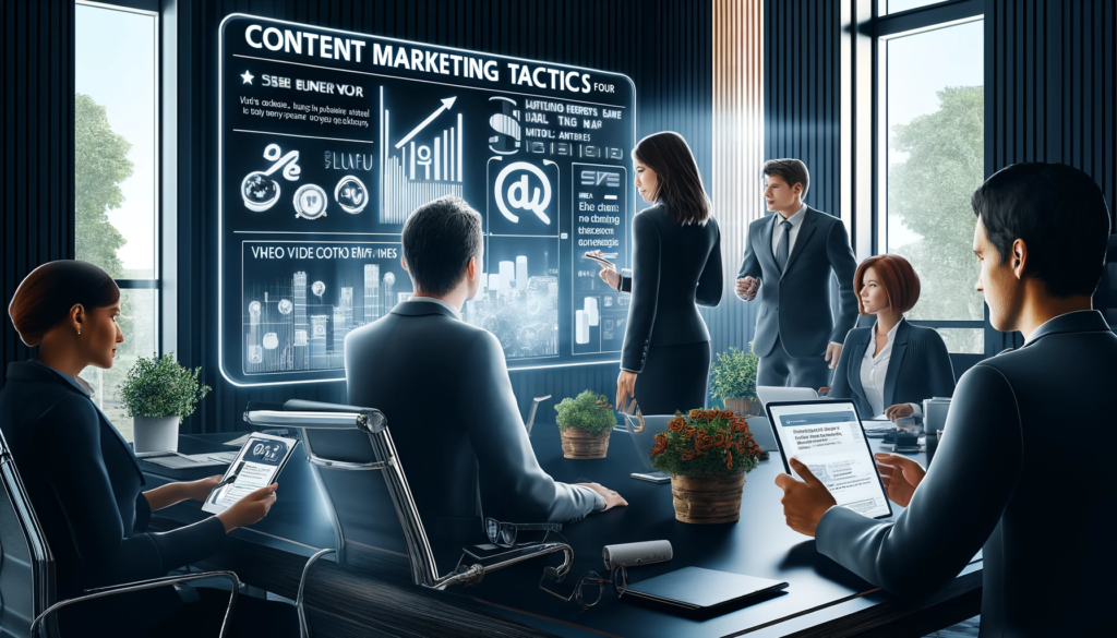 A digital illustration showcasing content marketing tactics for law firm SEO success. The scene displays a team of lawyers (one Caucasian woman, one African man) in a modern office, brainstorming over a large digital display. The display shows a content marketing dashboard with analytics, blog post previews, and video content strategies. Around them are devices like tablets and smartphones, showcasing their active engagement on social media platforms. The setting is sleek and technology-driven, emphasizing the strategic use of digital marketing in law practice.