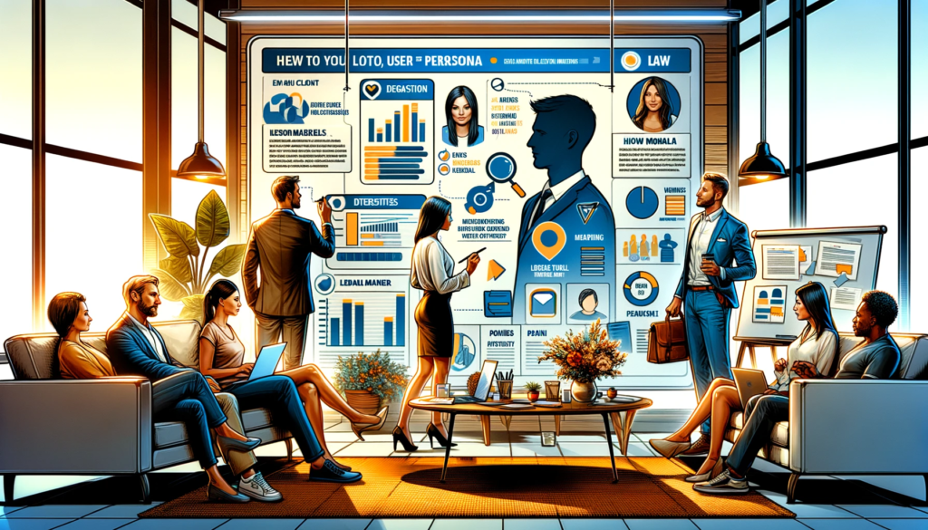 An illustration showing a team of marketers creating a user persona for a lawyer firm's digital marketing strategy. The scene depicts a diverse group of professionals (one Caucasian woman, one African American man) in a modern office setting, discussing over a large whiteboard filled with notes about their ideal client's demographics, interests, and pain points. The whiteboard visually represents the persona of a middle-aged individual involved in a car accident. The office environment is vibrant and collaborative, emphasizing the strategic process of tailoring content to target audiences.