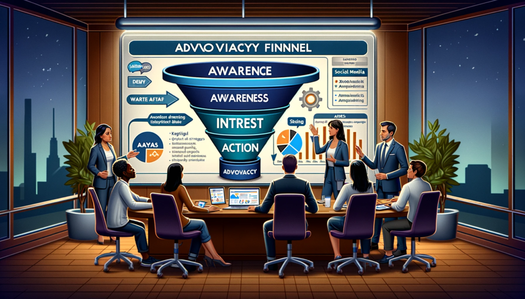 A digital illustration showing a team developing an advocacy funnel strategy in a modern office environment. The scene includes a diverse group of professionals (one Caucasian woman, one Hispanic man, one African woman) discussing around a large screen displaying the funnel stages: Awareness, Interest, Action. The screen shows analytics data, keyword strategies, and social media campaigns. The office setting is equipped with high-tech devices and digital displays, emphasizing a focus on data-driven marketing and audience engagement in advocacy.