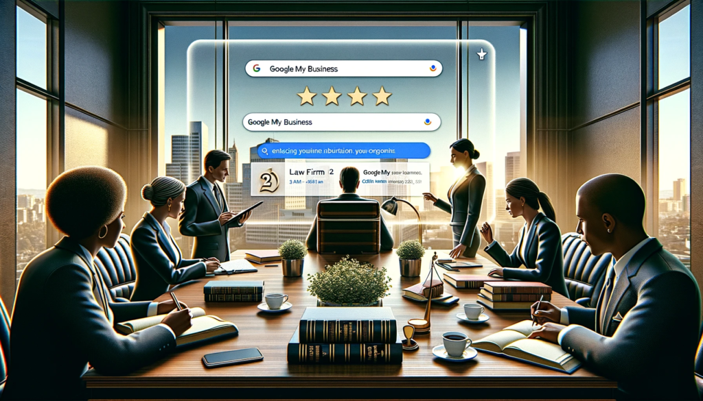 A detailed illustration of a law firm utilizing Google My Business for enhancing local SEO. The scene shows a diverse group of lawyers (one Caucasian man, one African woman) in a modern, well-lit office, focusing on a large screen displaying their Google My Business profile. The profile includes the law firm’s address, contact information, client reviews, and real-time analytics. The environment is professional, with law books, a cityscape view, and digital devices, emphasizing the integration of technology and traditional law practice to boost online visibility and client engagement.