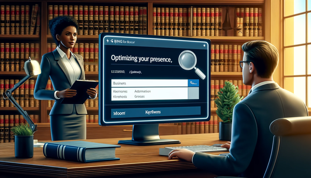 An illustration of a law firm optimizing their presence on Bing Places for Business. The scene shows a sophisticated office setting where a team of lawyers (one Caucasian woman, one African American man) are actively updating their business profile on a large computer screen. The screen displays the Bing Places interface with fields for business information, keywords, and practice areas filled in. The environment is professional, filled with legal books and modern technology, symbolizing the integration of traditional law practices with advanced digital marketing strategies.