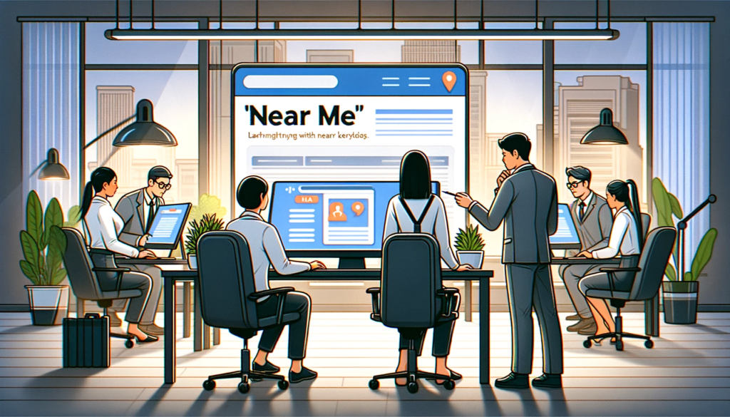 An illustration of a digital marketing team optimizing a law firm's website with 'near me' keywords. The scene shows a diverse group of marketing professionals (one Asian woman, one Caucasian man) in a modern office setting, working on computers. They are focused on a screen displaying a website editor, where they strategically insert 'near me' keywords into the law firm’s website content. The office is equipped with advanced technology and digital tools, symbolizing a proactive approach to local SEO optimization to enhance the firm’s visibility in local search results.