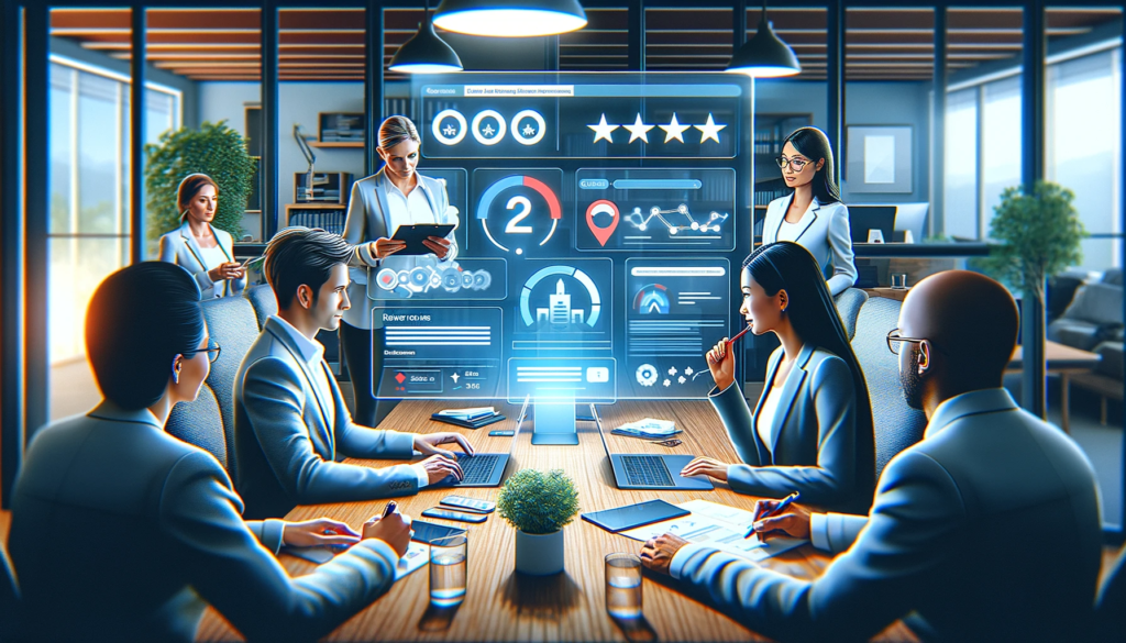 A digital illustration showcasing a law firm collaborating with an SEO agency for review management. The scene depicts a professional meeting between a diverse group of individuals (one Caucasian female lawyer and one Asian male SEO expert) in a modern, tech-savvy office. They are reviewing a digital dashboard displaying various customer reviews and SEO metrics. The focus is on optimizing positive reviews and addressing negative feedback, with tools and graphs visible on their screens. The office setting is contemporary, equipped with advanced technological devices, emphasizing a strategic approach to enhancing online reputation and client engagement.