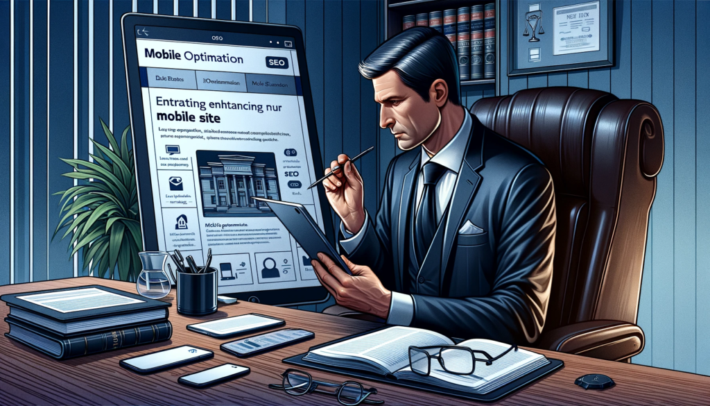 An illustration depicting a lawyer reviewing mobile optimization strategies for their law firm's website. The scene shows a professional, middle-aged Caucasian male lawyer in a sleek office, focused on a tablet displaying his website. The tablet screen shows a well-organized, user-friendly mobile site layout with quick navigation options and SEO elements like keywords highlighted. Around him are mobile devices and notes on mobile SEO best practices, reflecting a strategic approach to enhancing the firm’s mobile presence to attract more clients.