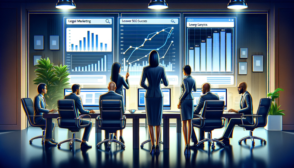 An illustration depicting a legal marketing team analyzing lawyer website success in a modern office. The scene shows a diverse group of professionals (one Caucasian woman, one African American man) focused on large monitors displaying SEO analytics. They are examining graphs of organic traffic from , keyword rankings, and conversion rates. The office environment is sleek and technologically advanced, equipped with the latest digital tools, symbolizing a data-driven approach to optimizing a law firm’s online presence and effectiveness.