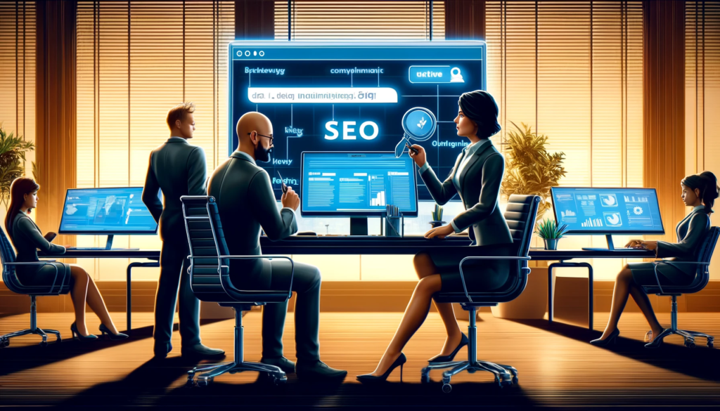 An illustration depicting a law firm implementing advanced SEO techniques. The scene shows a team of legal professionals (one Hispanic male lawyer, one Caucasian female SEO specialist) in a high-tech office environment. They are working together at a large digital display, reviewing and adjusting keyword strategies, analyzing backlink profiles, and planning content creation. The office is modern and equipped with state-of-the-art digital marketing tools, symbolizing the dynamic integration of traditional law practices with cutting-edge SEO tactics.