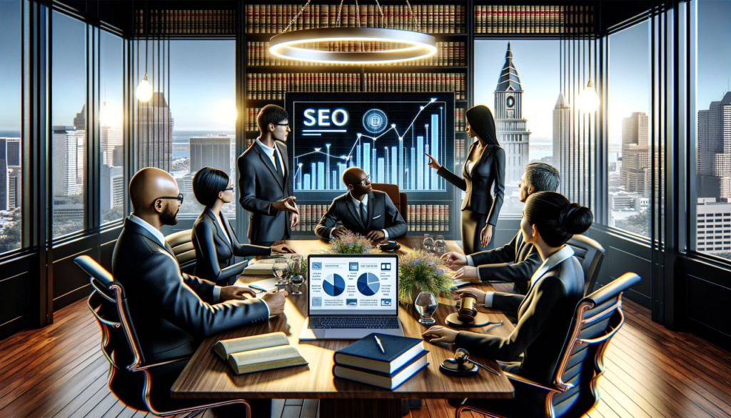 An illustration of a modern lawyer firm's office emphasizing the theme of SEO importance for lawyers. The scene shows a diverse group of legal professionals (one Caucasian woman, one African man, one Hispanic man) gathered around a large table with a laptop displaying graphs of SEO analytics. The office is sleek and contemporary, with large glass windows and a cityscape view in the background. The lawyers are engaged in a discussion, pointing at the laptop screen, surrounded by law books and digital devices, illustrating a blend of traditional and digital law practices.