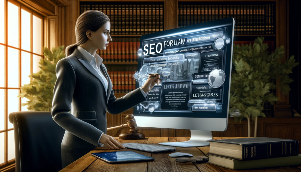 Professional female lawyer optimizing a law firm's website for SEO, with a display of legal articles and local SEO elements on a modern computer monitor in an elegant office setting.