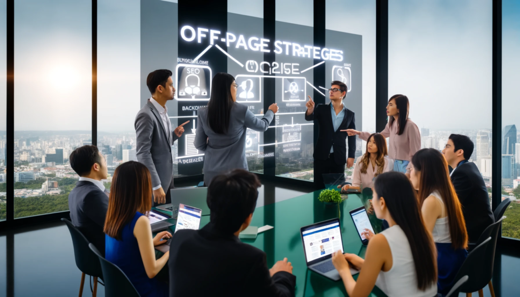 A visual representation of off-page SEO strategies for law firms in a 900x600px format. The scene shows a diverse group of lawyers (one Asian woman, one Caucasian man) collaborating in a modern office environment. They are discussing strategies on a digital whiteboard, which displays elements like backlinks, online reviews, and social media engagement. The office is sleek and well-lit, with views of a bustling cityscape outside. The lawyers are actively engaged, pointing at the whiteboard, surrounded by smartphones and tablets showing various legal websites and review platforms.