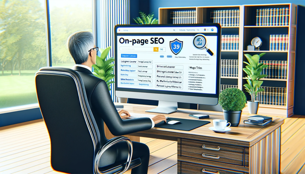 Professional lawyer reviewing on-page SEO metrics on a computer, with displayed elements like keyword rankings and meta descriptions, in a modern, well-equipped office.
