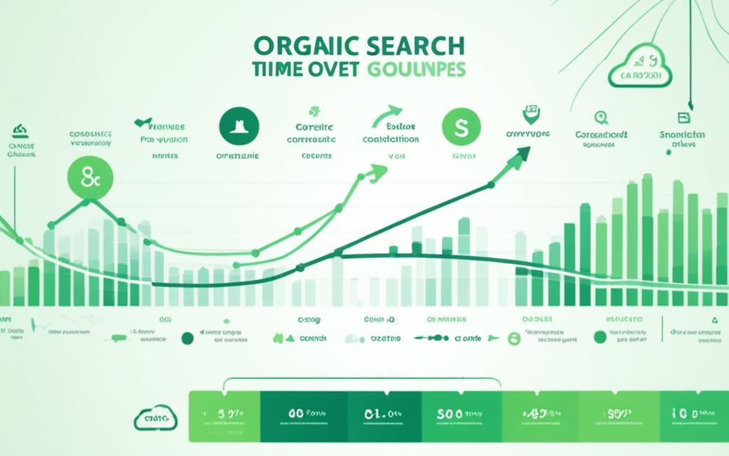 An image showing a graph with the trend of organic search traffic over time, with a focus on the upward trajectory. Include visual elements that convey growth and success, such as a green color scheme or arrows