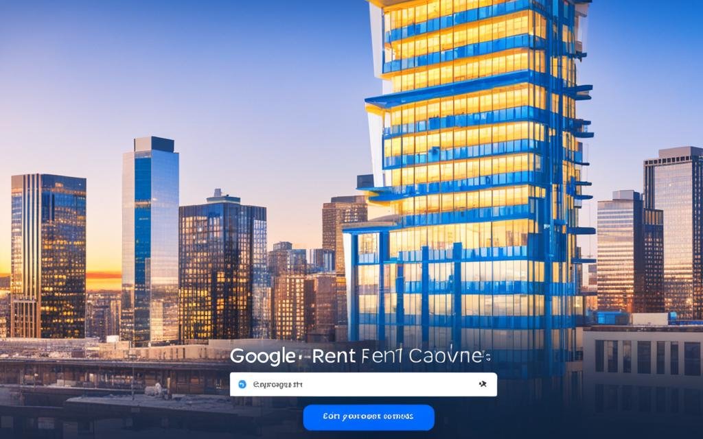 An apartment building towering over a city skyline with a Google search bar in front of it. The search bar has the words "apartments for rent" typed in with a cursor blinking, and several apartments of different sizes and colors popping out as search results.