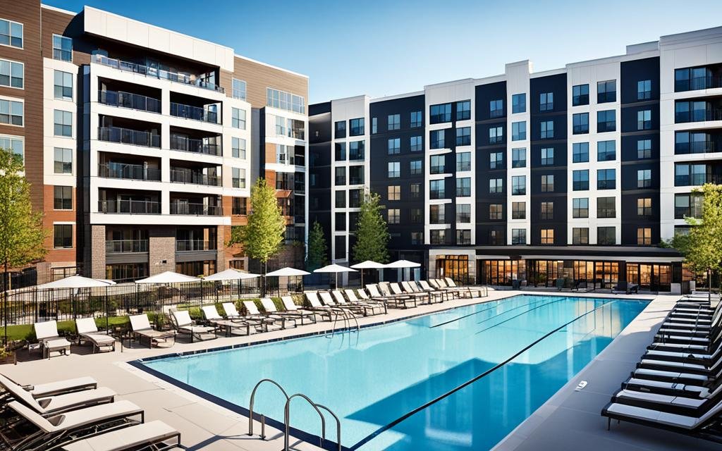 An apartment complex with a bold and modern design, set against a backdrop of a bustling city skyline. The image focuses on the various amenities available to residents, including a large swimming pool, fitness center, and outdoor entertainment area with grilling stations. The overall tone is aspirational and appeals to a young and urban demographic.