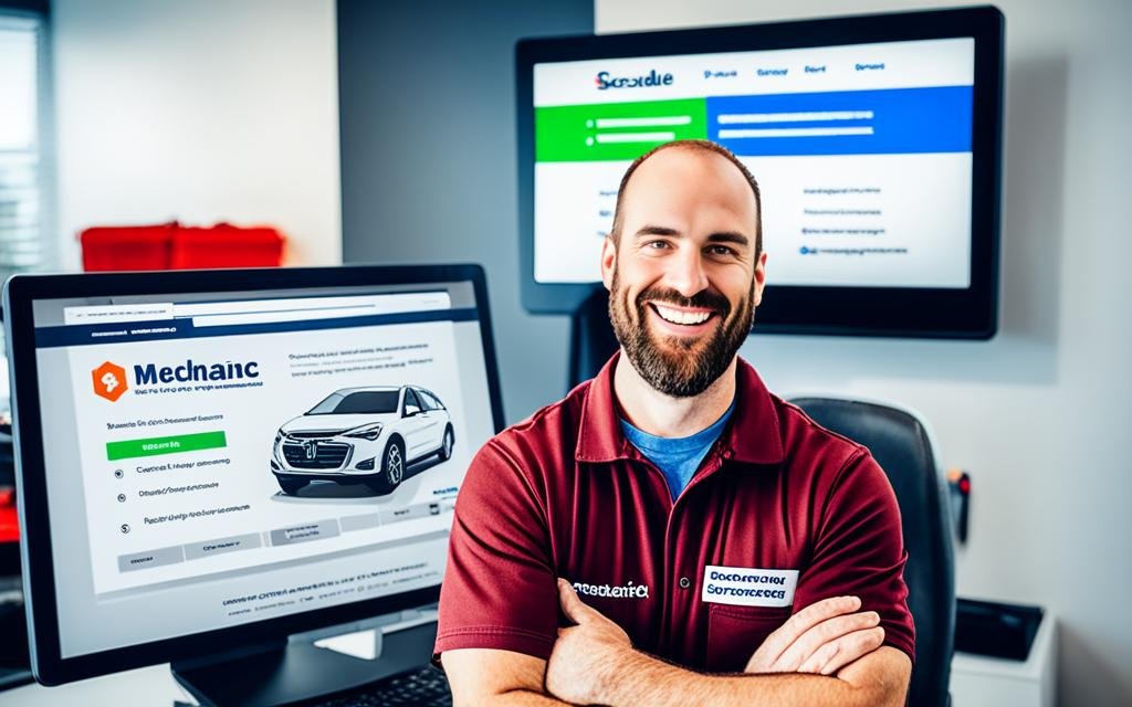 A mechanic holding a wrench while standing in front of a computer screen displaying a landing page for an auto repair shop. The landing page has a clear and prominent call-to-action button, such as "Schedule your appointment now," and displays customer reviews and ratings. The mechanic is smiling and appears confident in the effectiveness of the landing page's optimization for conversions. In the background, there are other mechanics working on cars, adding to the authenticity of the auto repair shop's services.