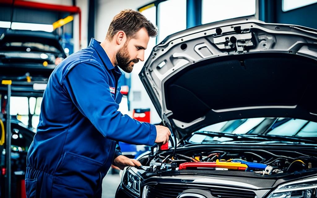 A mechanic working on a car with a computer screen displaying Google Ad metrics in the background.