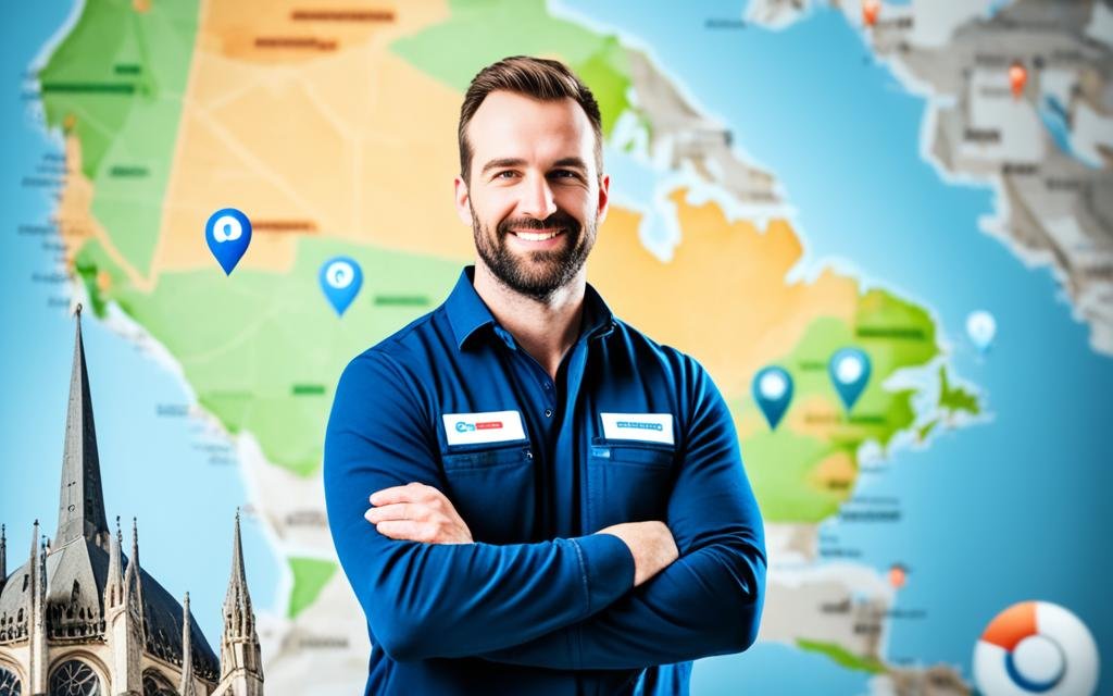 A tradesman standing confidently in front of a map with local landmarks, while search engine icons and ranking charts float around them.