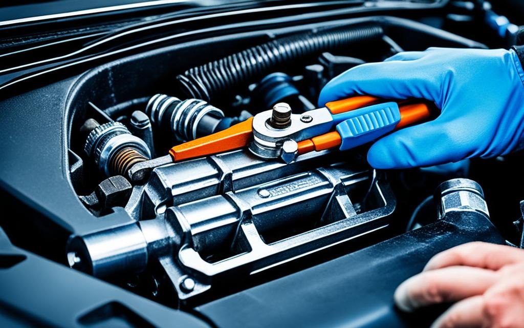 An image of a mechanic's hand using a wrench to tighten a bolt on a car engine. The background should have an assortment of auto repair tools neatly organized on a workbench or tool cart. The color scheme should include shades of blue and orange, reminiscent of the typical auto shop uniform. The composition should convey professionalism and expertise in auto repairs.