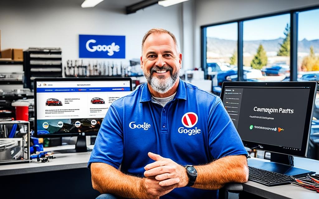 An auto repair shop owner sitting in front of a computer, navigating the Google Ads platform to set up their campaign. The shop's logo is visible on the computer screen, and there are tools and car parts scattered around the desk. Outside the window, there is a view of the shop and some cars parked on the lot. The overall image should have a professional and organized feel.