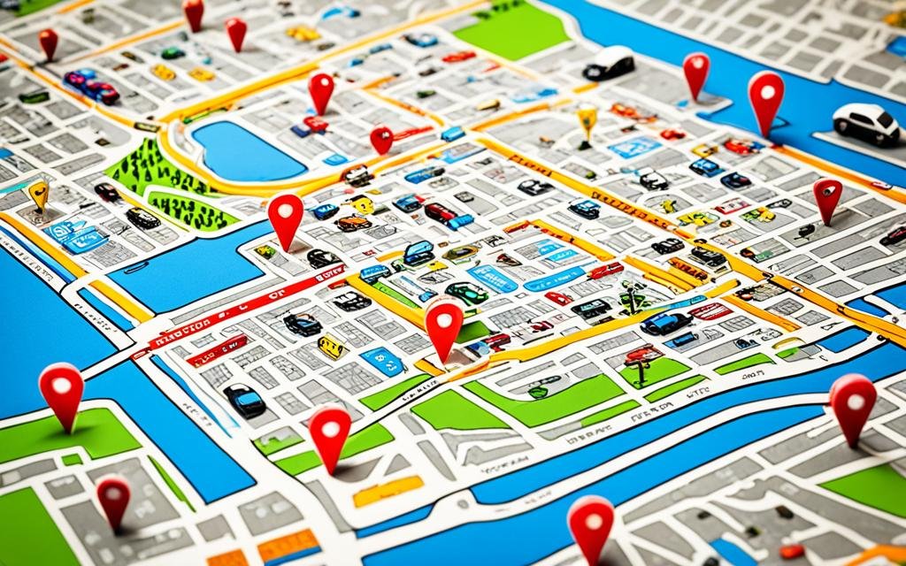 A colorful map of a city with various locations tagged as "auto repair shops." Each tagged location has a small icon of a car beside it. The map is surrounded by imagery of different types of cars, from classic muscle cars to modern hybrids and electric vehicles.