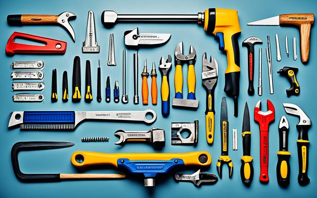 A collection of colorful and varied tools, such as hammers, saws, wrenches, and screwdrivers, arranged together in an organized and visually appealing manner. Each tool is labeled with a specific keyword related to tradesmen