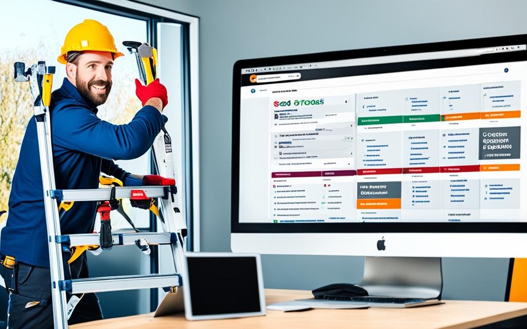 A tradesman standing at the top of a ladder, reaching for a toolbox labeled "SEO tools" while holding a laptop in one hand. The ladder is positioned in front of a computer screen displaying search engine results pages (SERPs)