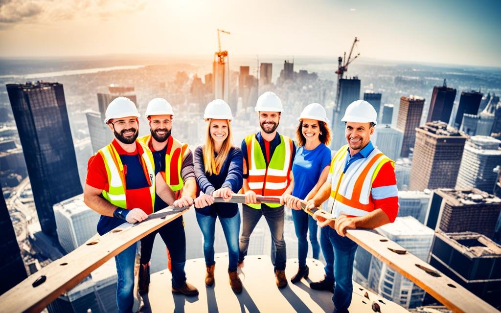 A group of construction workers standing on top of a tall building, holding hands and forming a human chain, with various websites and social media icons linking them together.