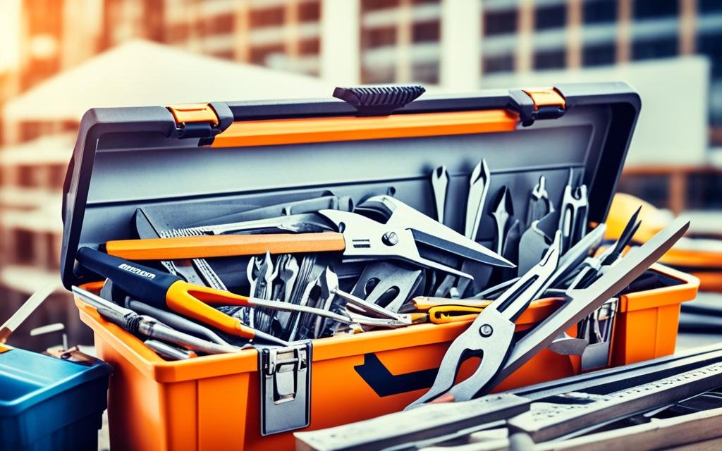 A toolbox overflowing with different tools, surrounded by arrows pointing upwards towards a search engine. In the background, construction work can be seen being done on a building.